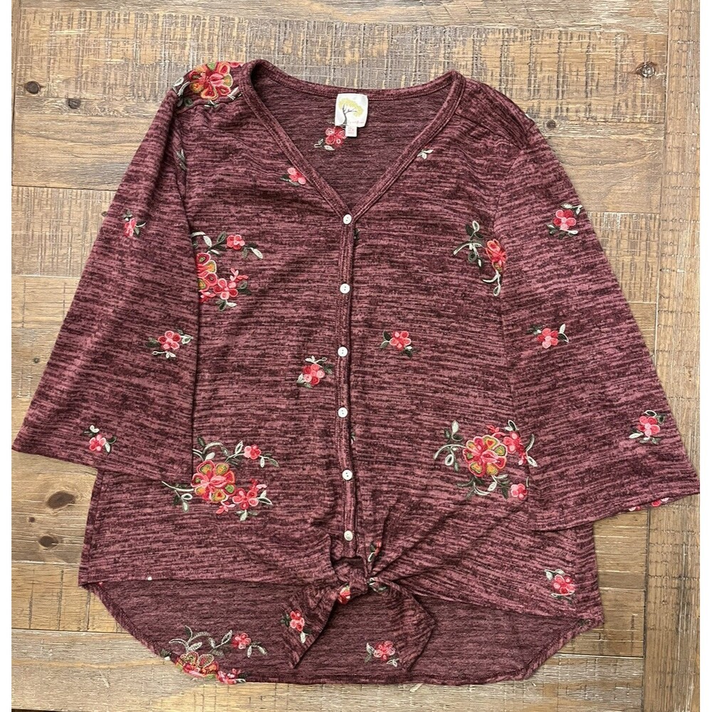 Fig And Flower Embroidered Tie Front Top Burgundy Size 2X